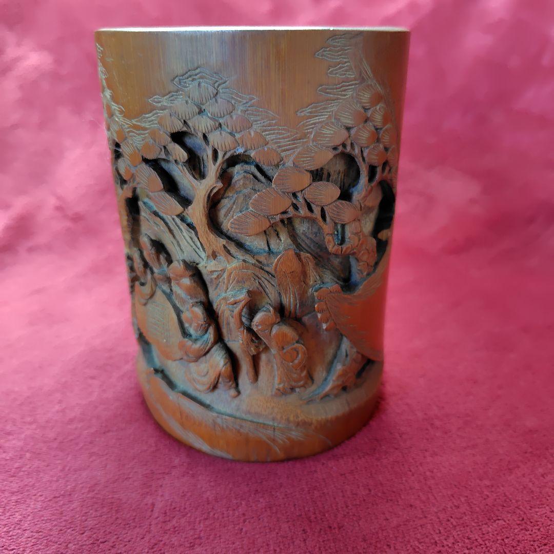 アンティークな中国筆筒　古竹彫刻