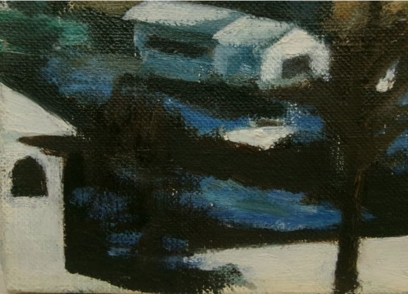 教会のある風景 油彩 F8 額装