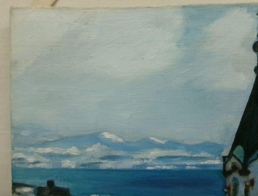 教会のある風景 油彩 F8 額装