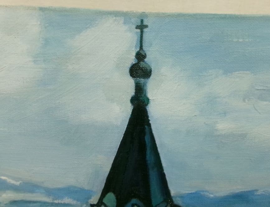 教会のある風景 油彩 F8 額装