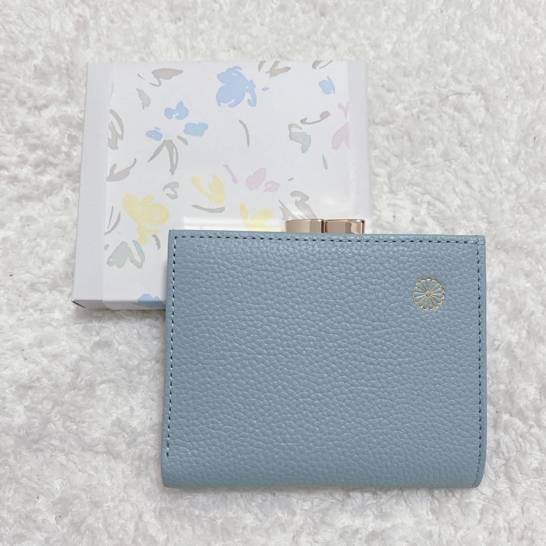皇居 ブルー 二つ折り財布 牛革 箱付き がま口 菊
