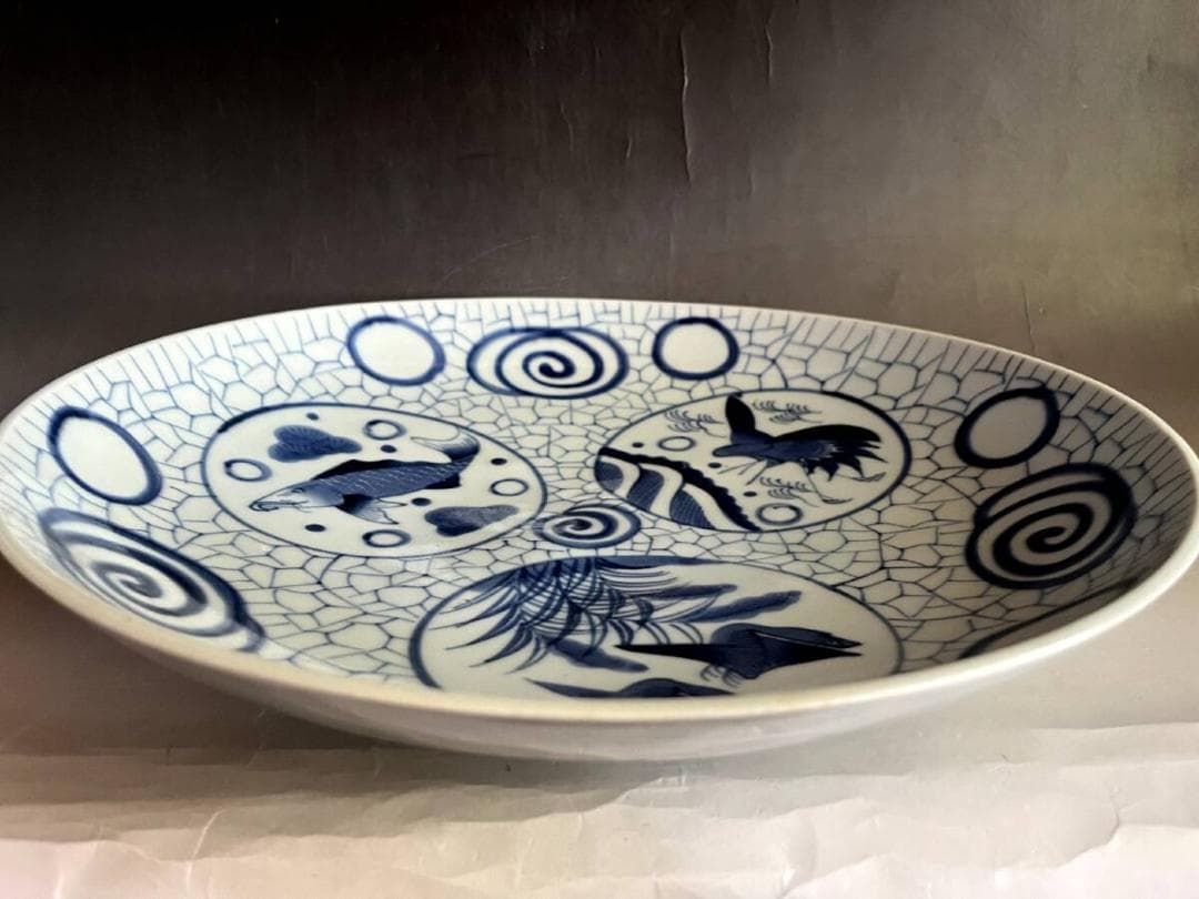 大皿■丸窓絵魚紋染付大皿 鳥 有田 古伊万里 (明治～大正期)骨董■34.8cm