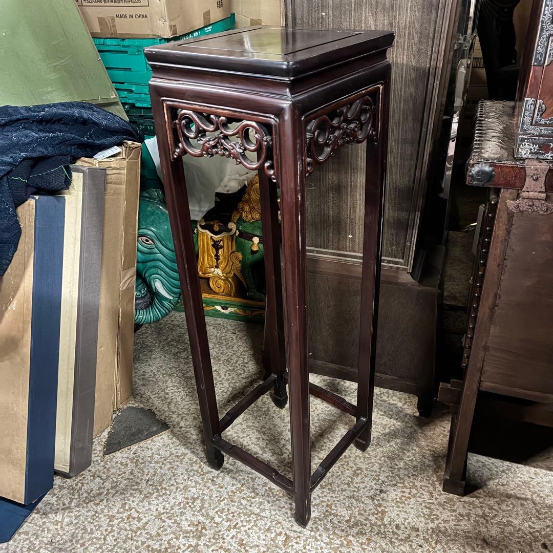 中国美術 古唐木造 透彫花台 如意巻足 正方高卓 盆栽台 香炉台 紫檀黄花梨