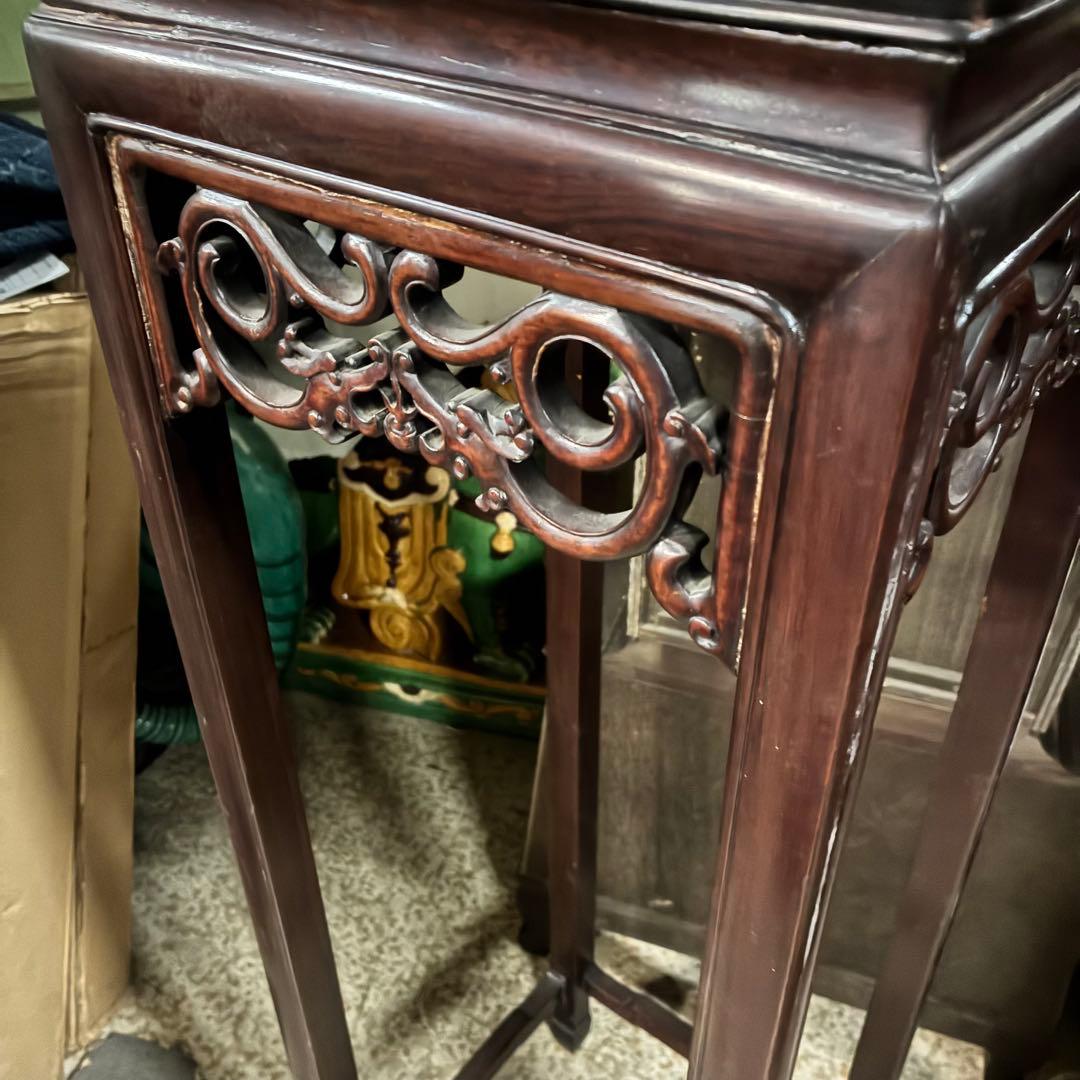 中国美術 古唐木造 透彫花台 如意巻足 正方高卓 盆栽台 香炉台 紫檀黄花梨