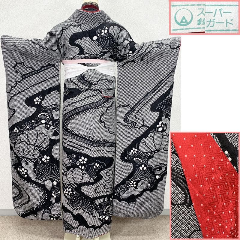 504z3☆鈴乃屋 振袖 総絞り 身幅広め 古典柄 黒☆美品 成人式 結婚式