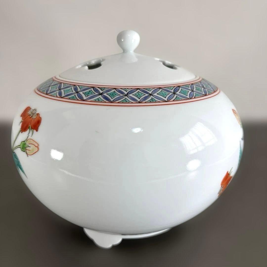 【人間国宝】 14代酒井田柿右衛門 濁手 苺花文 香炉 茶道具 本人作 美品