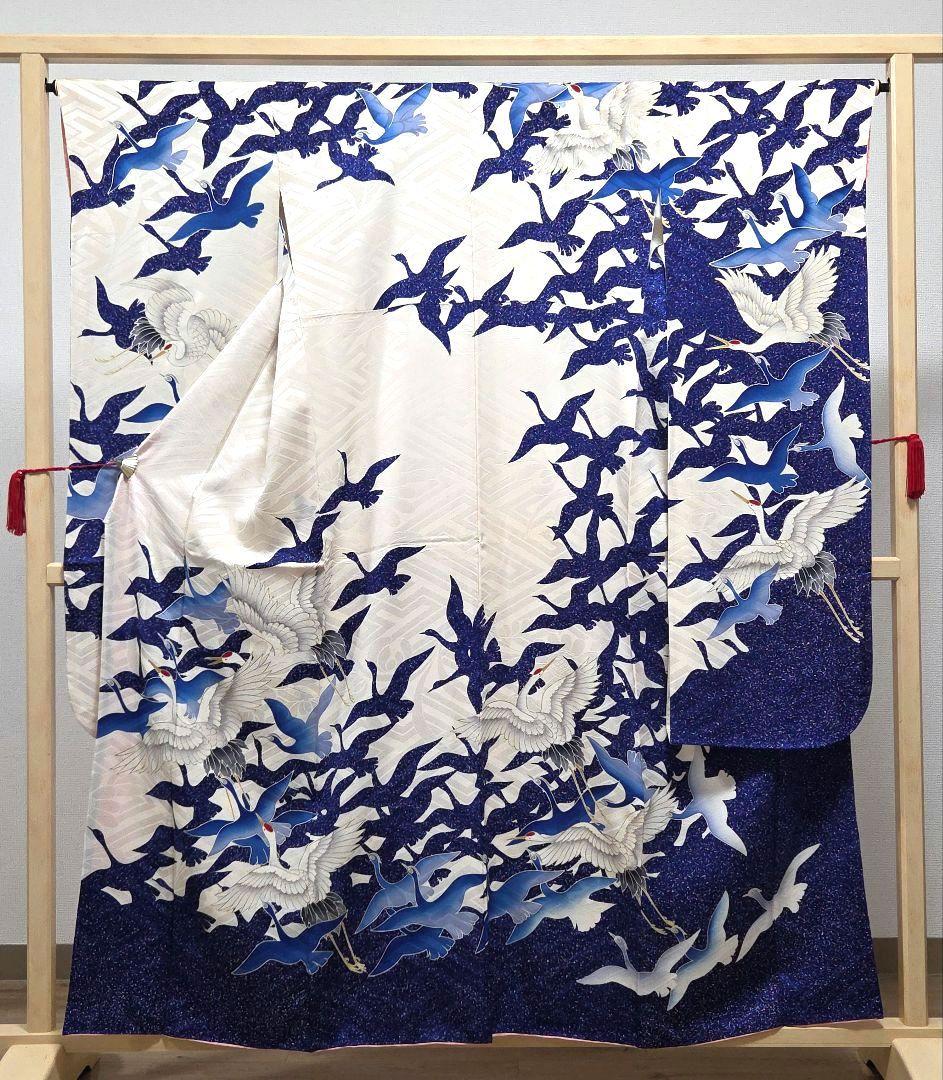 B◆着物くつろぎ レトロ 鶴模様 金彩 白 青 袷 正絹 成人式 振袖 着物
