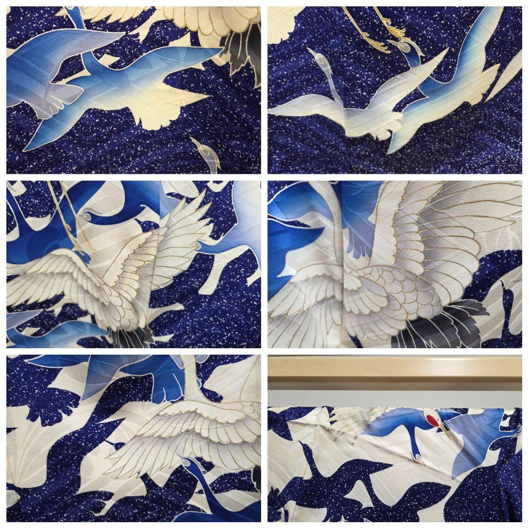 B◆着物くつろぎ レトロ 鶴模様 金彩 白 青 袷 正絹 成人式 振袖 着物