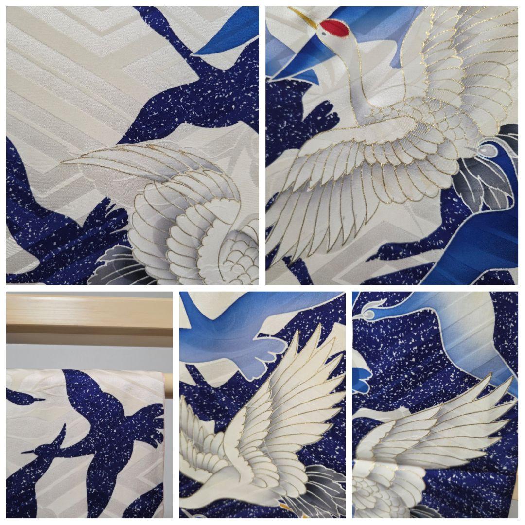 B◆着物くつろぎ レトロ 鶴模様 金彩 白 青 袷 正絹 成人式 振袖 着物