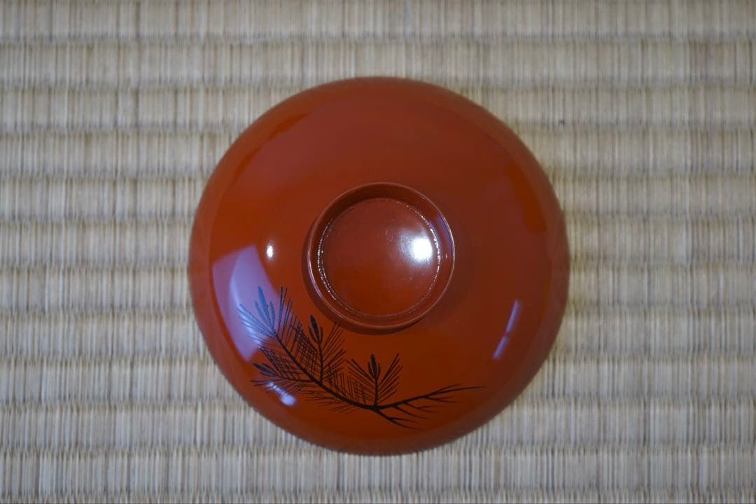 能登輪島塗 銘 玉峯 朱漆 根引松見返翁蒔絵 吸物椀 2客/ 木製漆器 茶懐石
