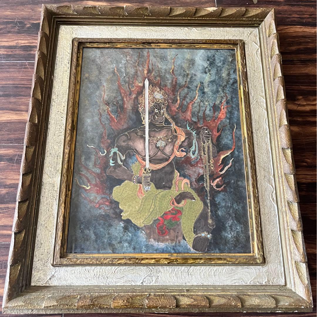 仏画 不動明王 額装 肉筆 彩色 古画 仏教美術 E