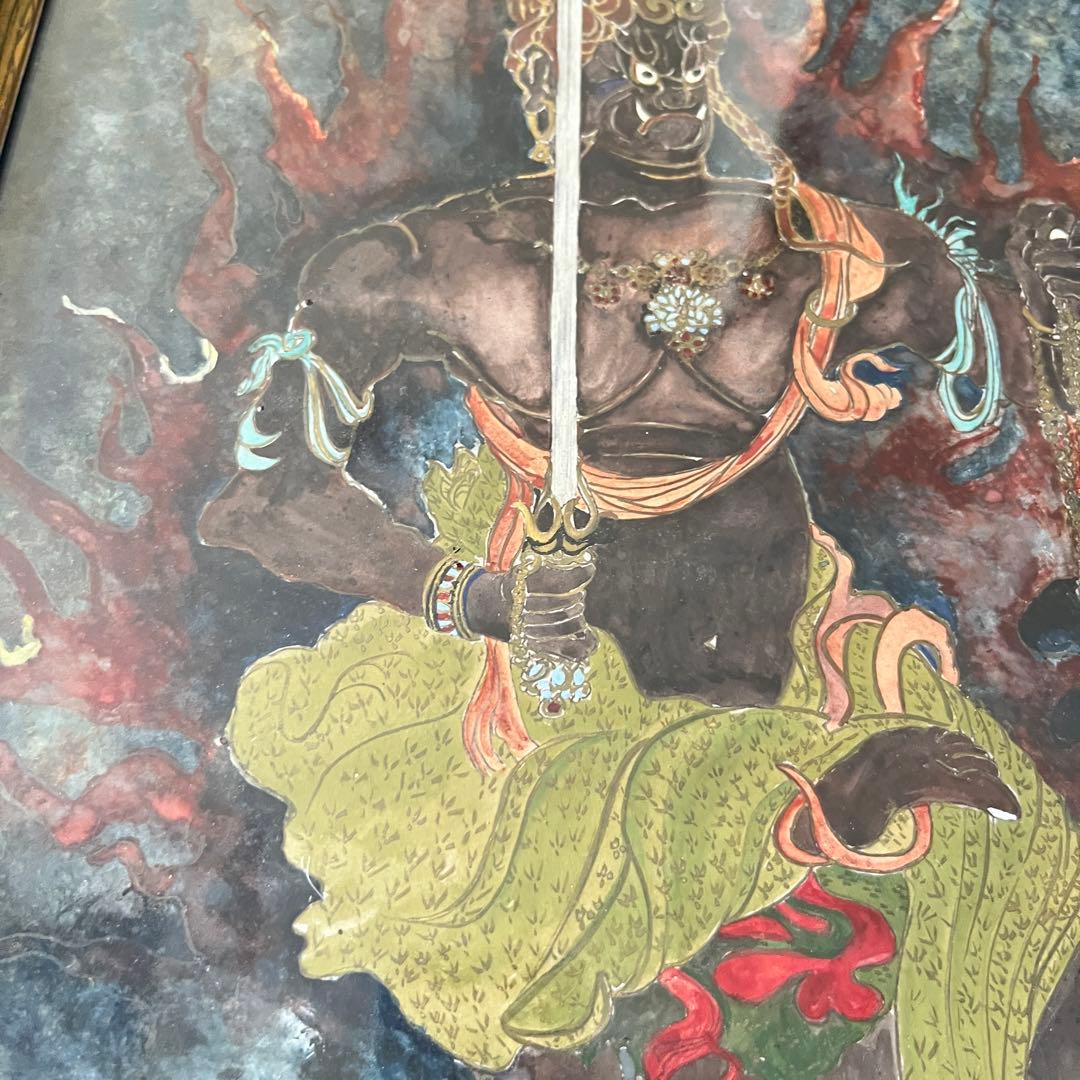 仏画 不動明王 額装 肉筆 彩色 古画 仏教美術 E