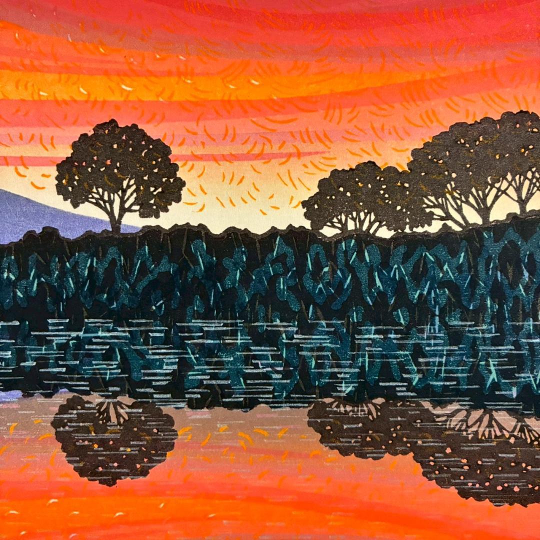 美品 牧野宗則「あけぼの」木版画 1997年制作 直筆サイン入 額縁入り