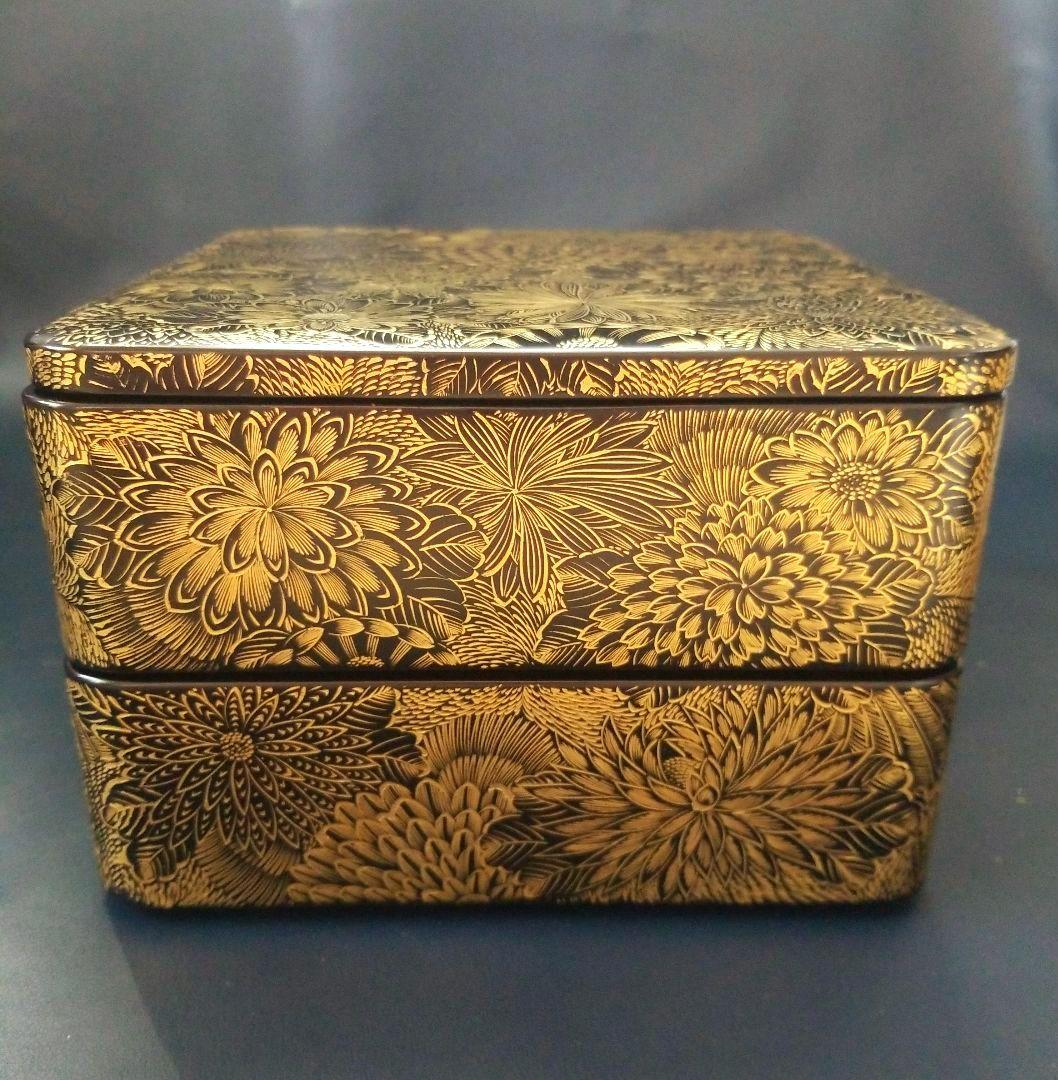 美品 沈金 二段重 総菊詰文 重箱　金蒔絵 漆器　木製　本漆 輪島塗 古美術品