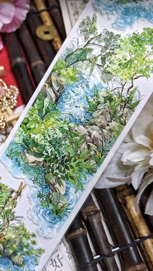 【8754】海外　マステ　5m巻売り　貝殻光カッティング　庭　竹の柵　小川