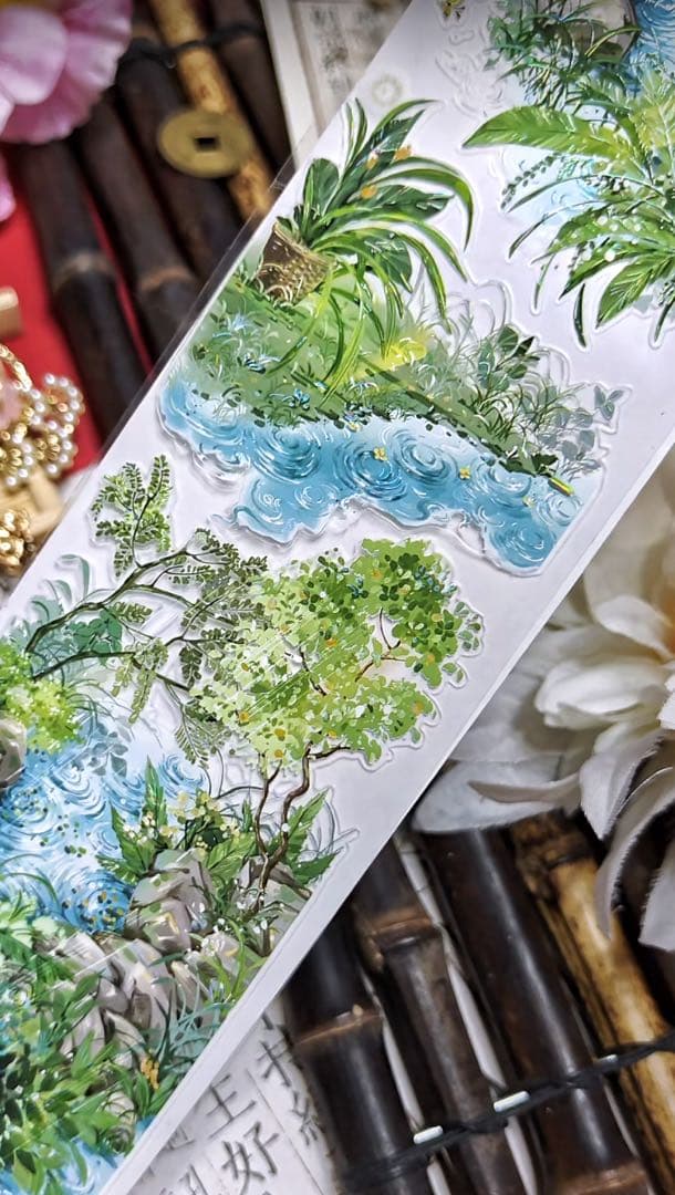 【8754】海外　マステ　5m巻売り　貝殻光カッティング　庭　竹の柵　小川