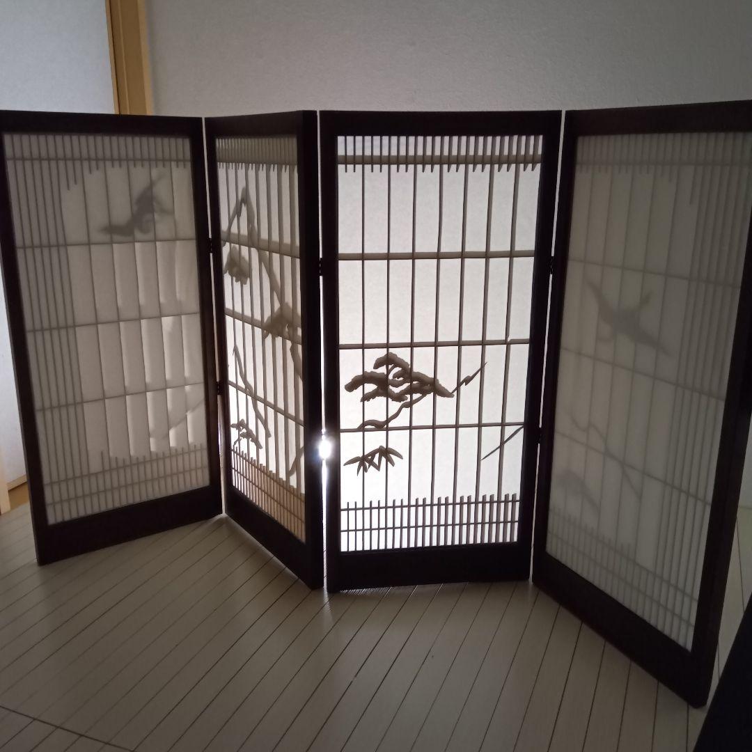 和風　木彫り　障子　４連　折りたたみ　衝立　パーテーション