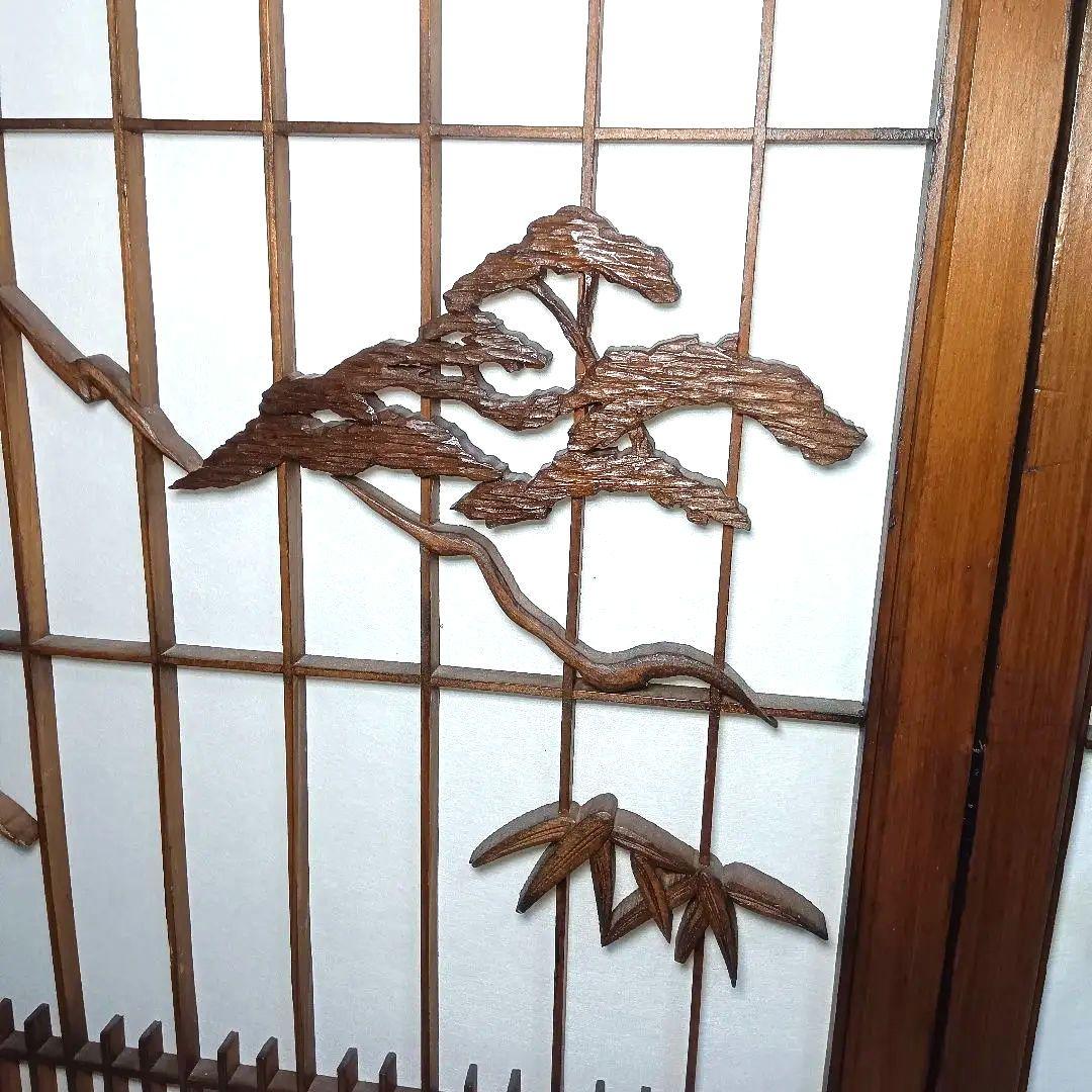 和風　木彫り　障子　４連　折りたたみ　衝立　パーテーション