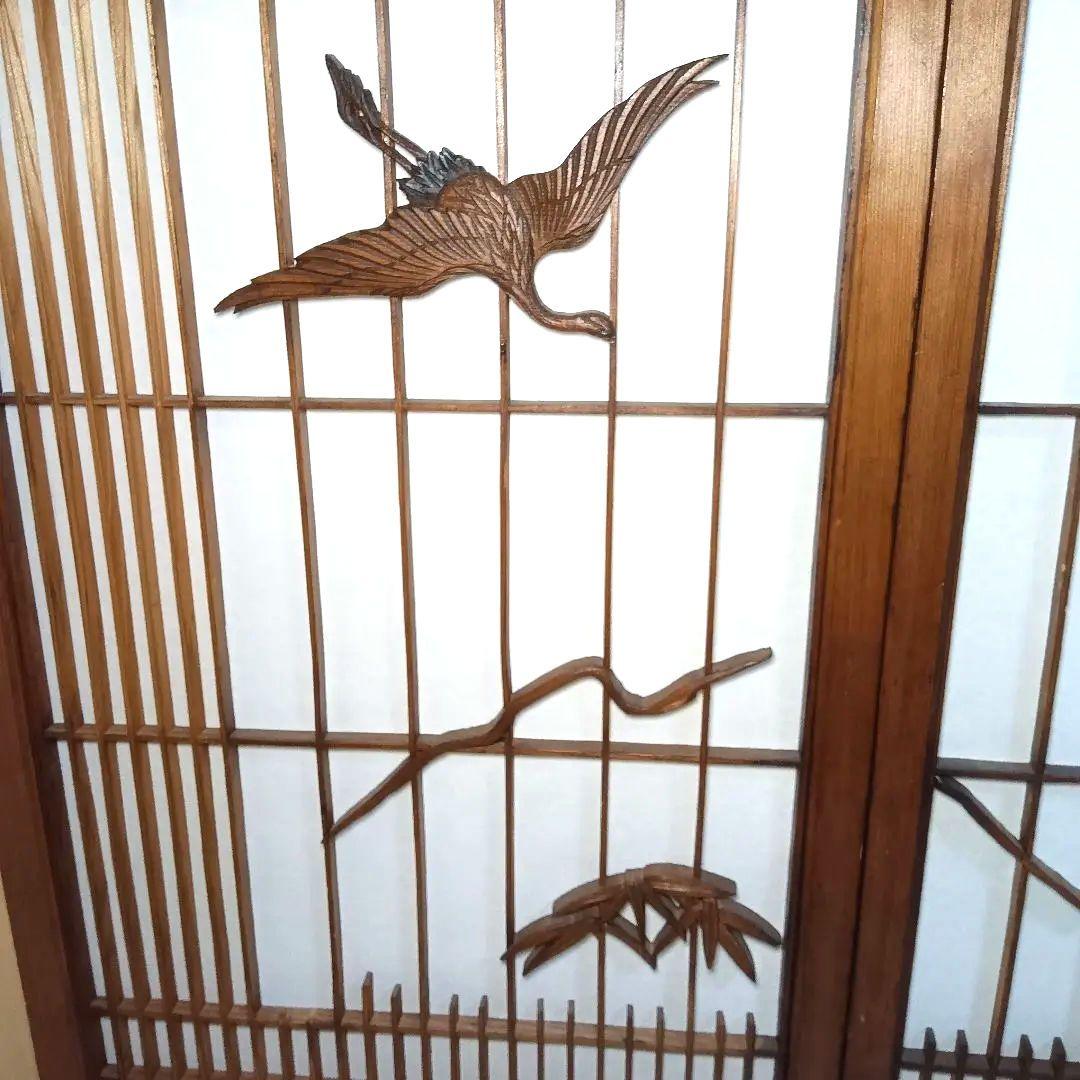 和風　木彫り　障子　４連　折りたたみ　衝立　パーテーション