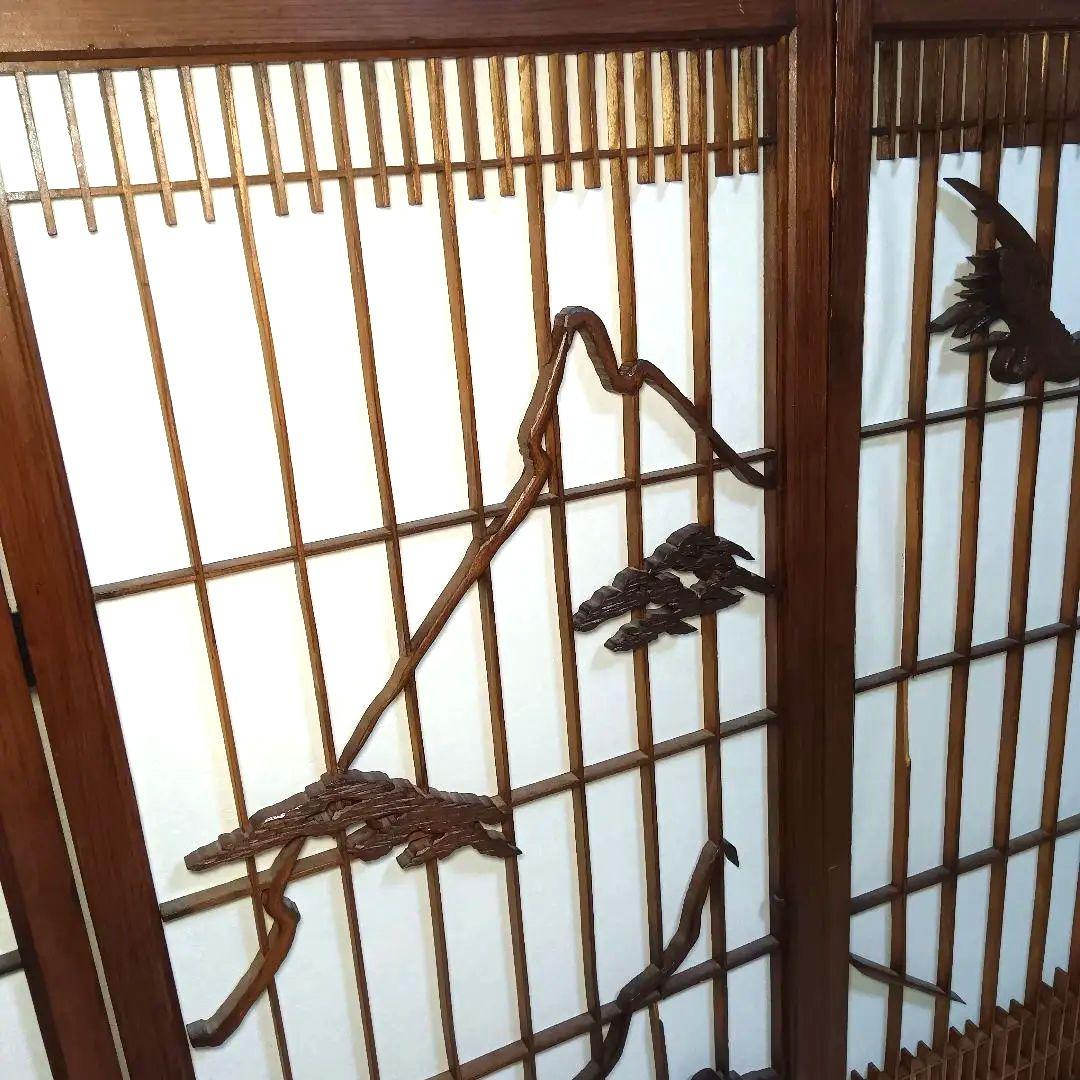 和風　木彫り　障子　４連　折りたたみ　衝立　パーテーション