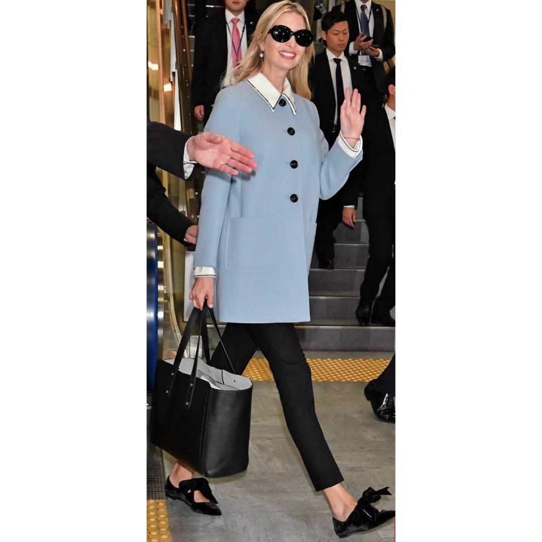 美品 miu miu スパンコール装飾 ステンカラーコート 38 ブルー