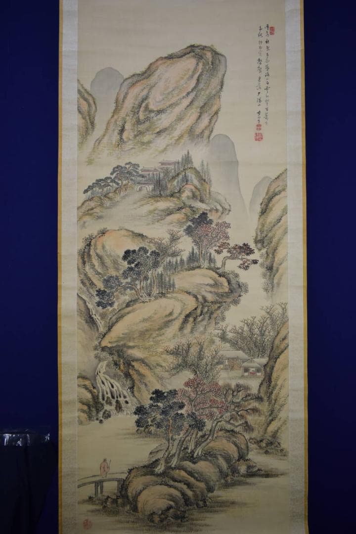 真作/帆足杏雨/秋景山水人物画賛/軸先紫檀/布袋屋掛軸HF-346