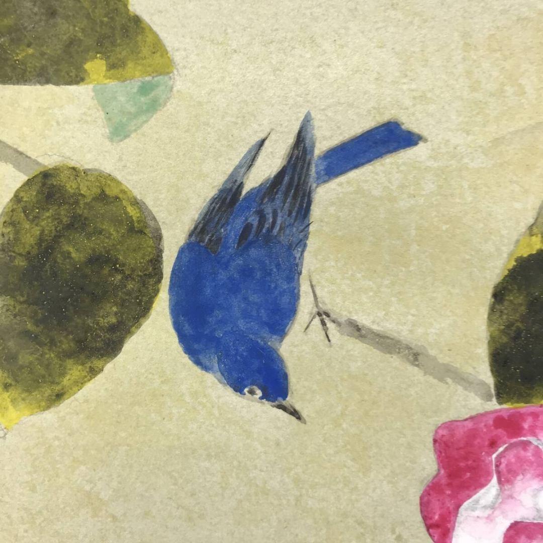 真作/登/椿に小禽図/小鳥図/冬の掛軸/掛軸/名家伝来/AK-445