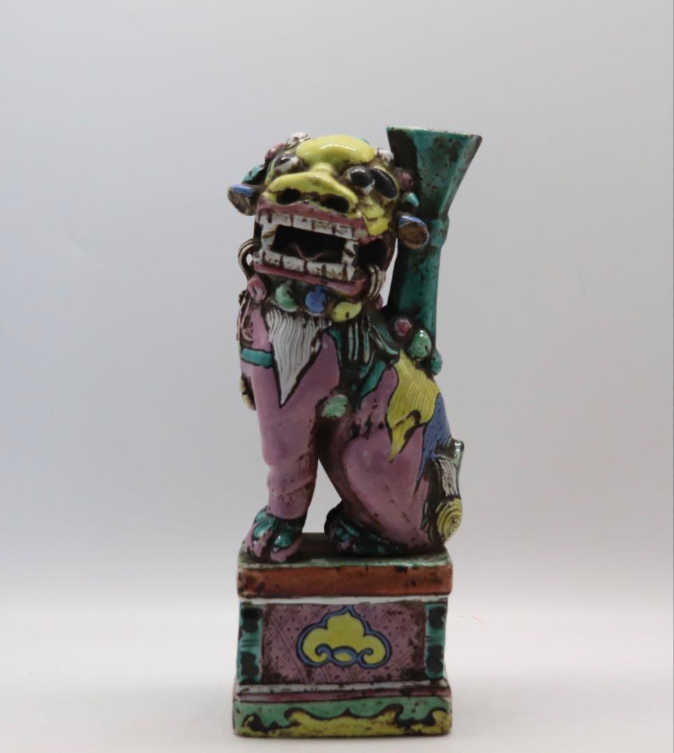 中国　清時代　洋彩　獅子　置物　共箱　送料込み250115