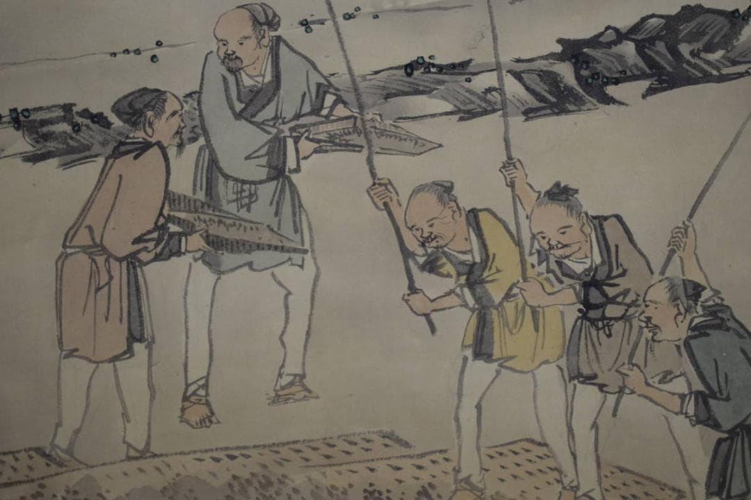 真作/景文/人物収穫図/農耕図/布袋屋掛軸HI-53