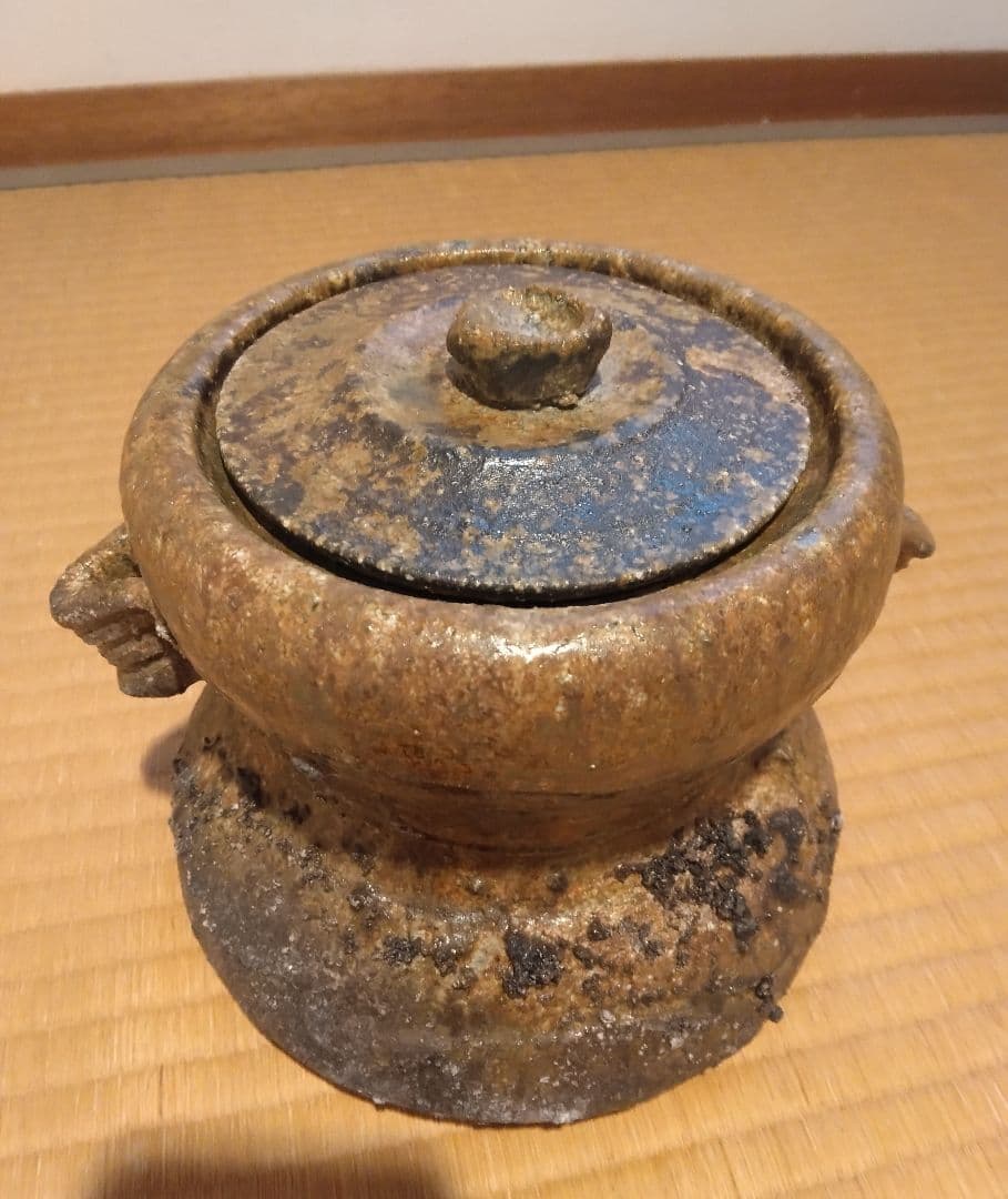 【共箱あり／未使用】茶道具 水指 焼き〆 耳付水指 蓋2種付き 陶芸品 花器