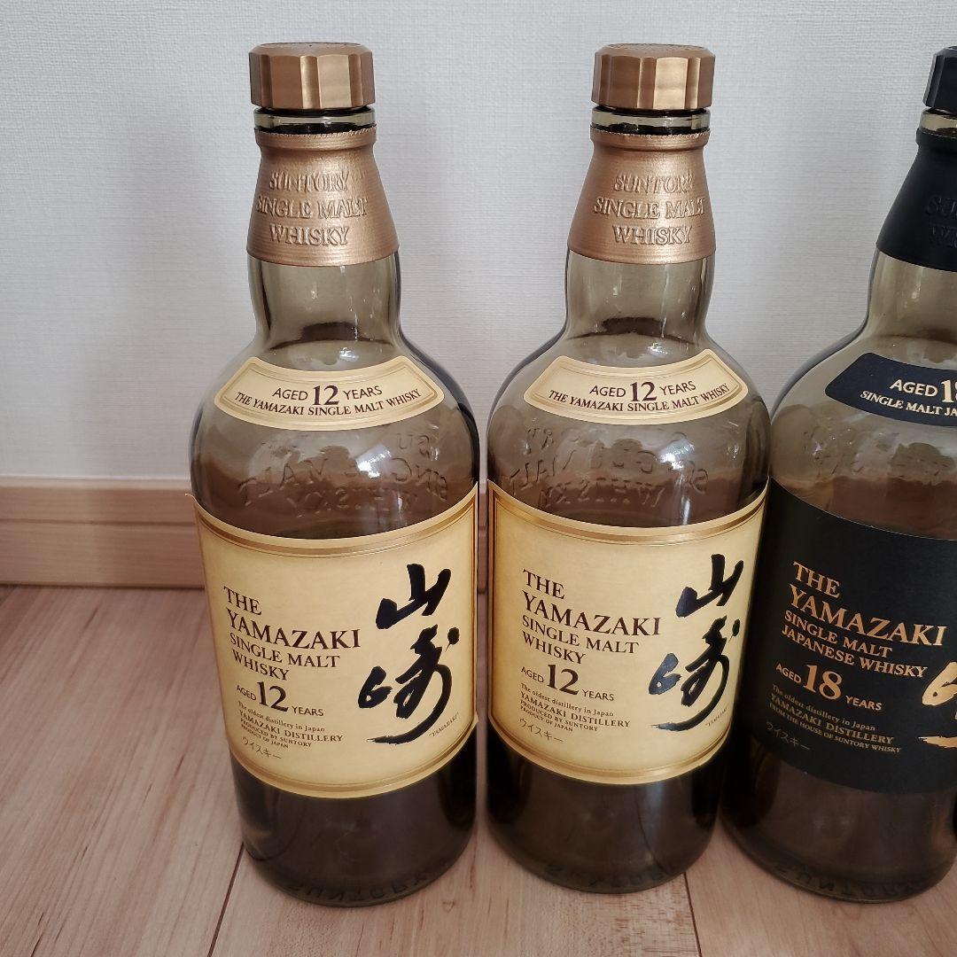 サントリー 山崎 未洗浄 空ボトル 18年 12年 薄づくりグラス2個 空瓶4本