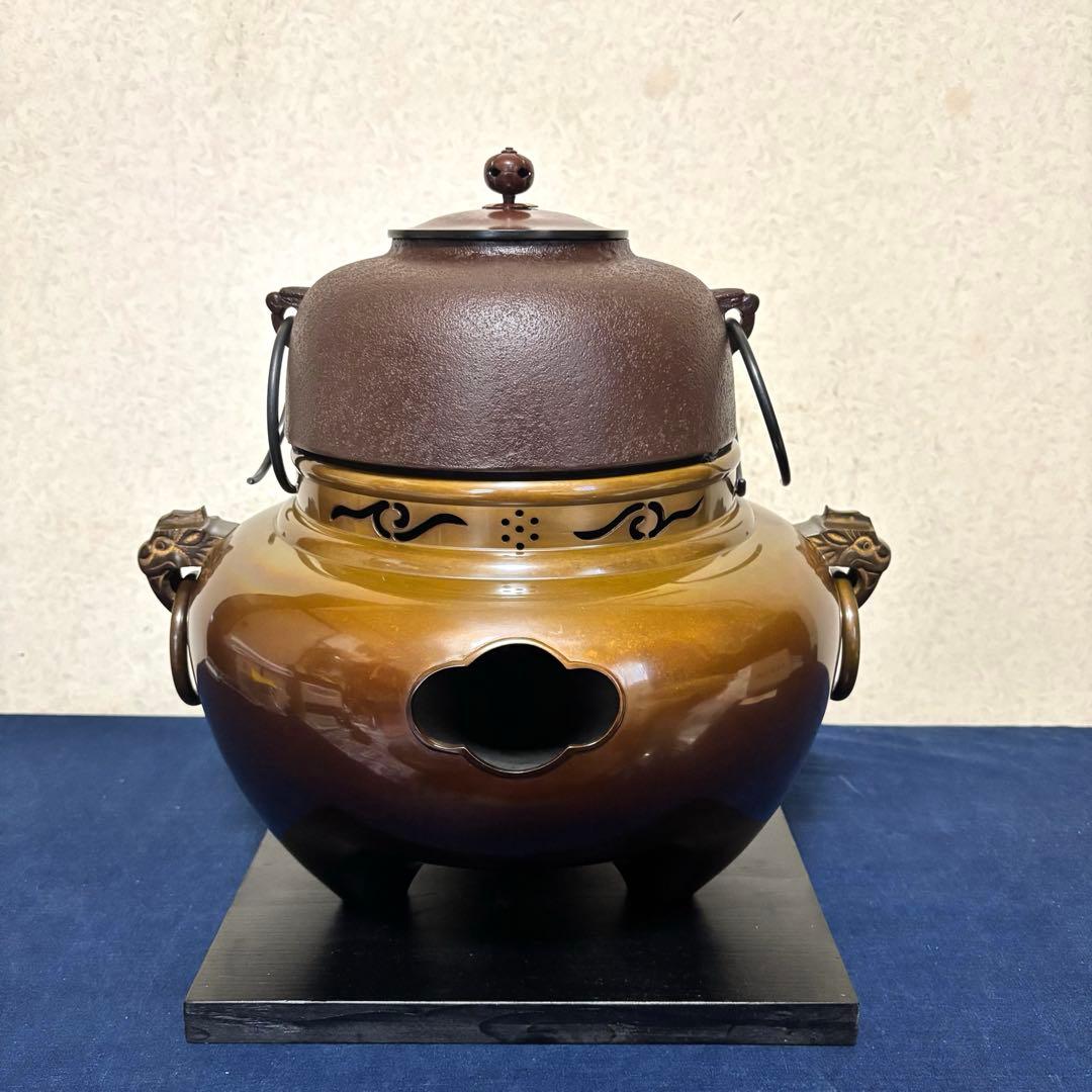 未使用 人間国宝高橋敬典 風炉 茶釜 唐銅鬼面風炉 野々田電熱器 敷板 茶道具