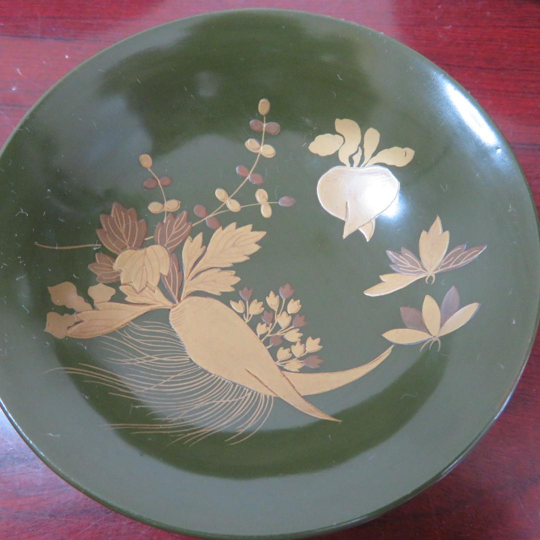 緑吸物碗 青地 盃 蒔絵 大根 カブ 6ケ 小傷1ケ 明治頃 希少 漆器