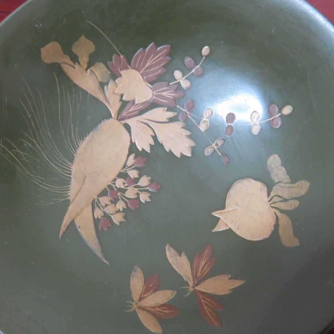 緑吸物碗 青地 盃 蒔絵 大根 カブ 6ケ 小傷1ケ 明治頃 希少 漆器