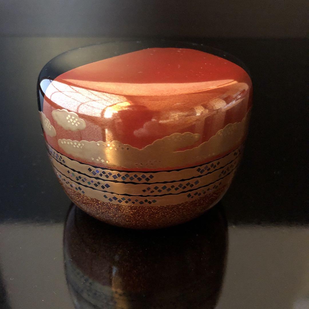 【未使用品】平棗　紅富士蒔絵　螺鈿　内銀地　細川司光　茶道具　共箱