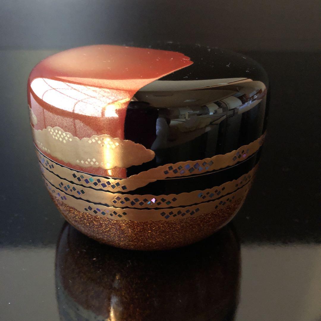 【未使用品】平棗　紅富士蒔絵　螺鈿　内銀地　細川司光　茶道具　共箱