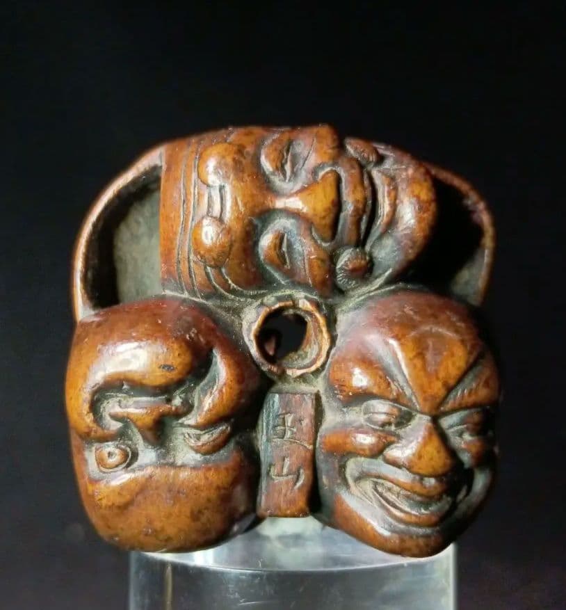 玉山 在銘 「能面尽くし おかめ 鬼 火男 猩々 」 柘植彫 根付 江戸時代