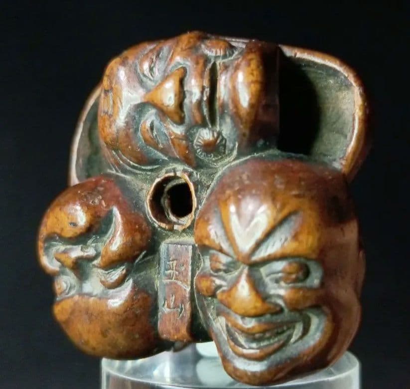 玉山 在銘 「能面尽くし おかめ 鬼 火男 猩々 」 柘植彫 根付 江戸時代