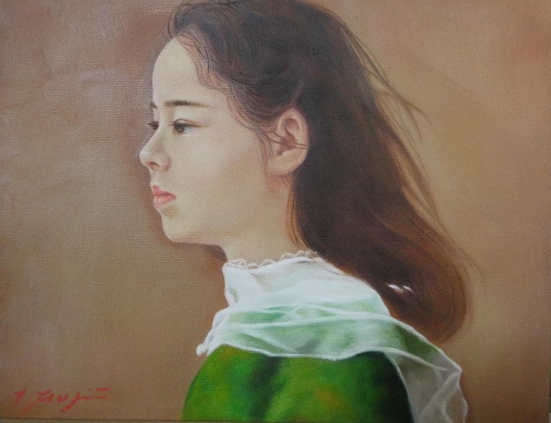 絵画　油絵 人物 藤井勉「微風」 サイン 額装済み 肉筆手描き F6