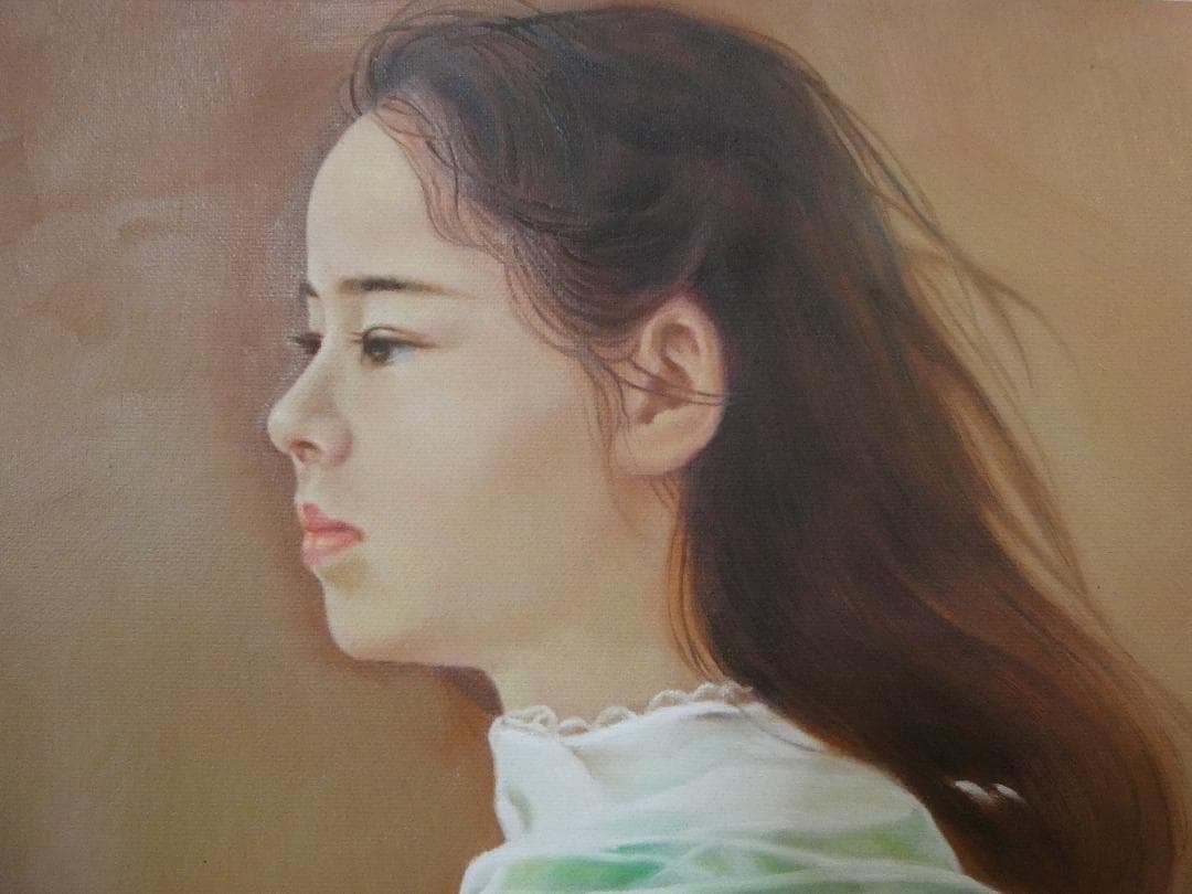 絵画　油絵 人物 藤井勉「微風」 サイン 額装済み 肉筆手描き F6