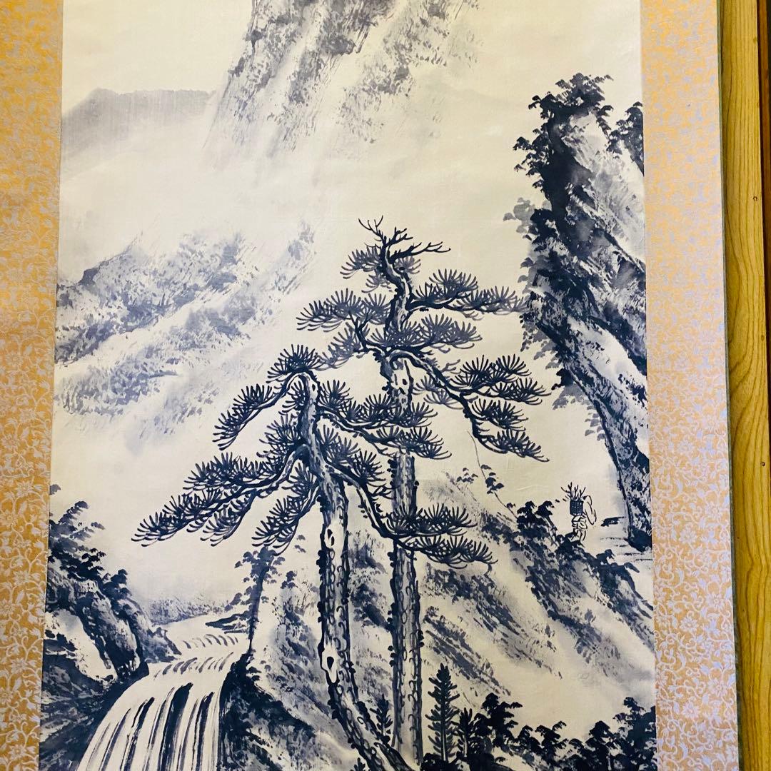 長林　掛軸　山水　墨　絹本