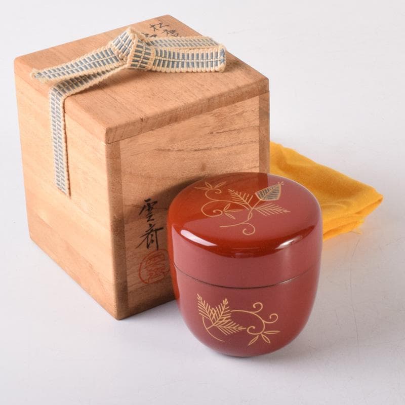 茶道具　蒔絵師　鈴木雲斉作　螺鈿装飾　松唐草蒔絵　棗　共箱　V　7213