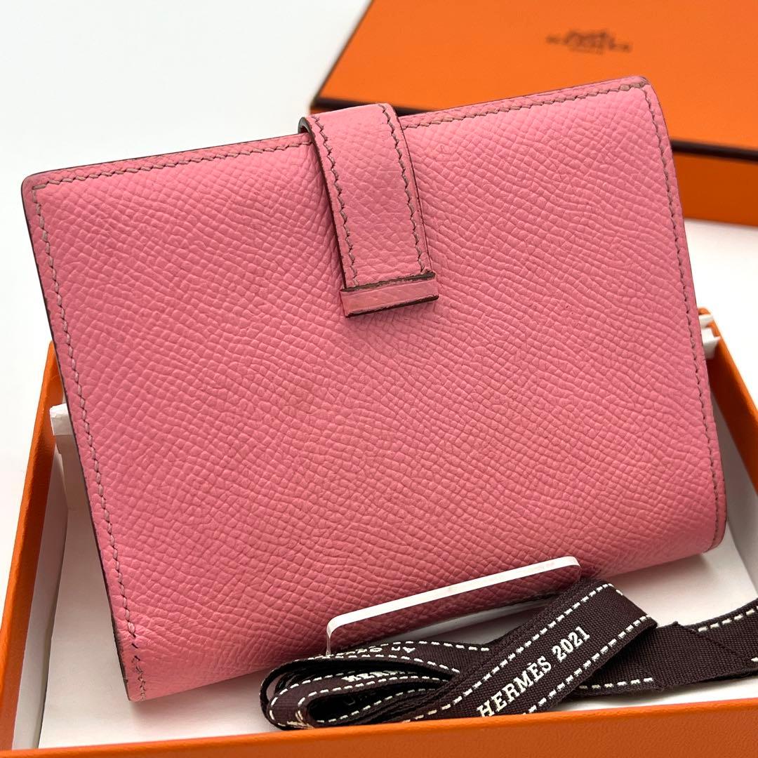 【鑑定済】エルメス ベアン コンパクト 折り財布 ローズコンフェッティ