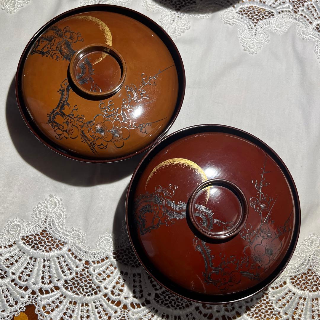 茶道 煎茶 年代物 漆器 沈金 梅に鶯 吸物椀 10客揃