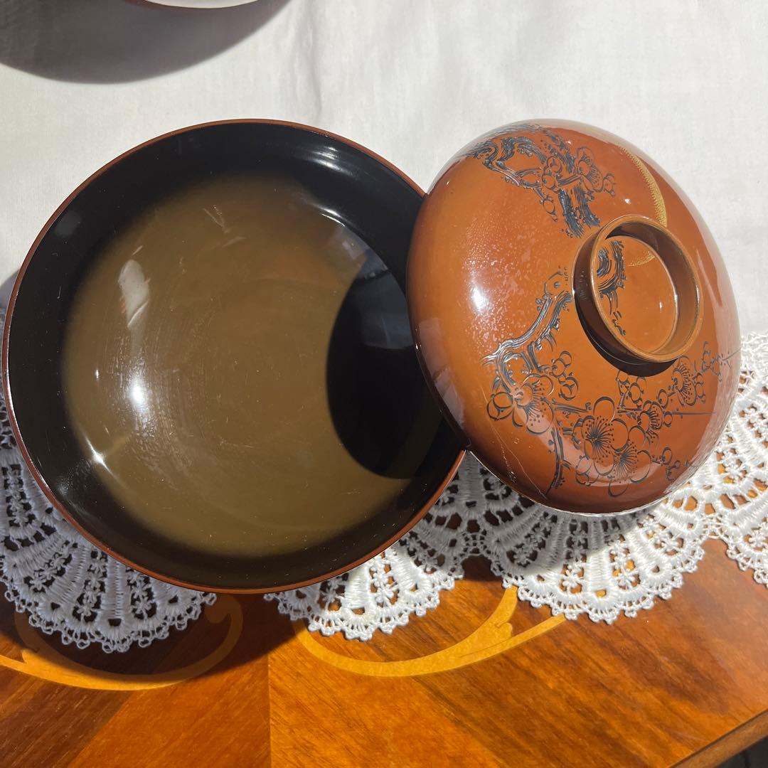 茶道 煎茶 年代物 漆器 沈金 梅に鶯 吸物椀 10客揃