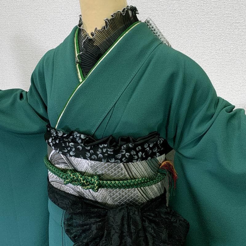 601z14,小物類〇色無地振袖 一つ紋 緑 シンプル モダン〇美品 成人式