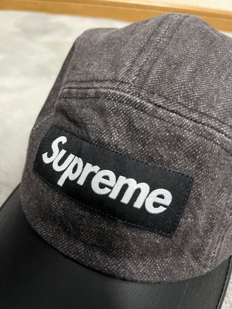 【美品】supreme ブラックデニムレザーキャップ