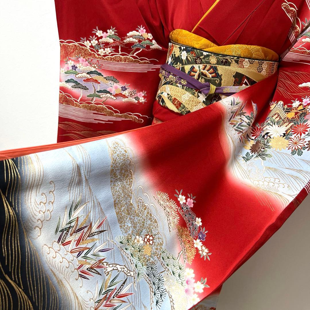 367 振袖フルセット 正絹 赤 レッド 黒 金彩 暈し染め 古典 風景 正統派