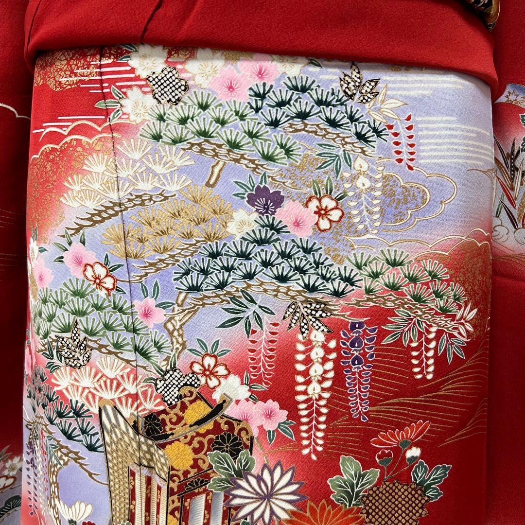 367 振袖フルセット 正絹 赤 レッド 黒 金彩 暈し染め 古典 風景 正統派