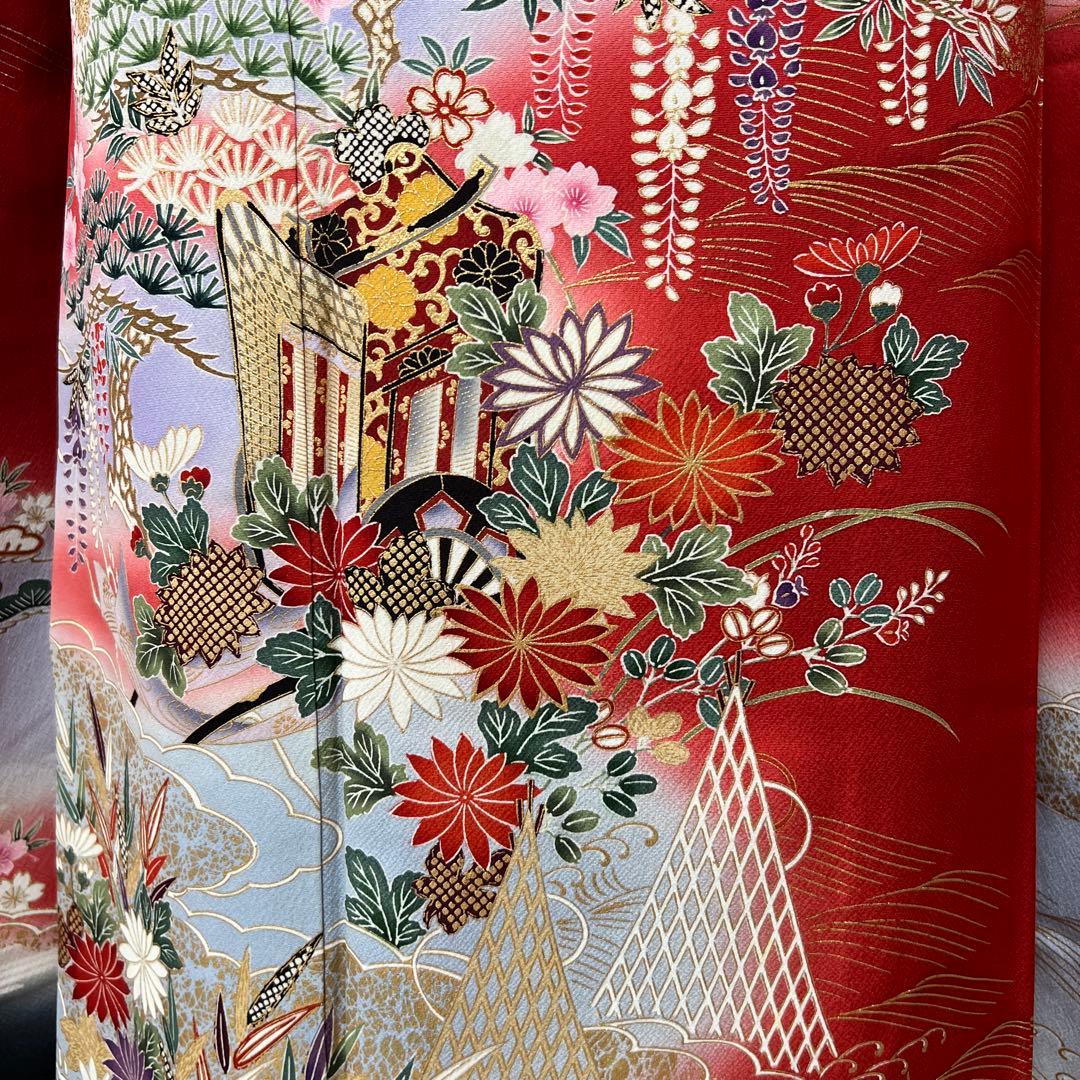 367 振袖フルセット 正絹 赤 レッド 黒 金彩 暈し染め 古典 風景 正統派